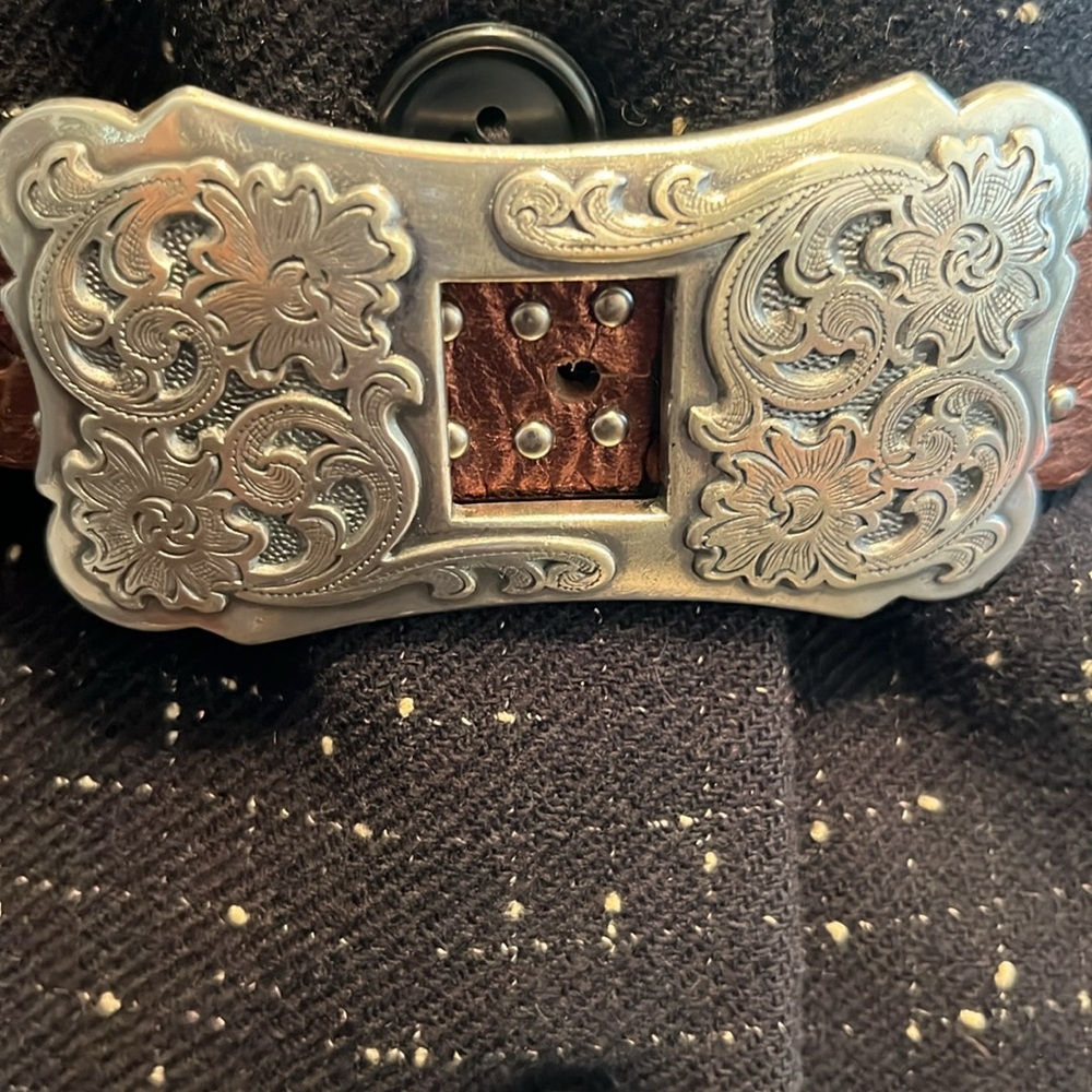 Western-Style Brown Leather Belt with Ornate Silver Buckle. Brand New!